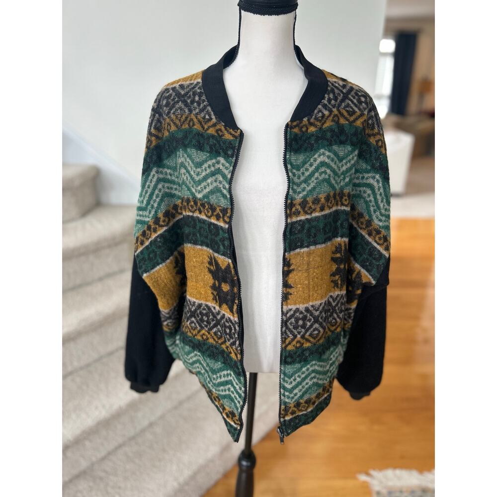Vintage Western Indigenous Black Green Mustard Bomber Jacket - Picture 3 of 9